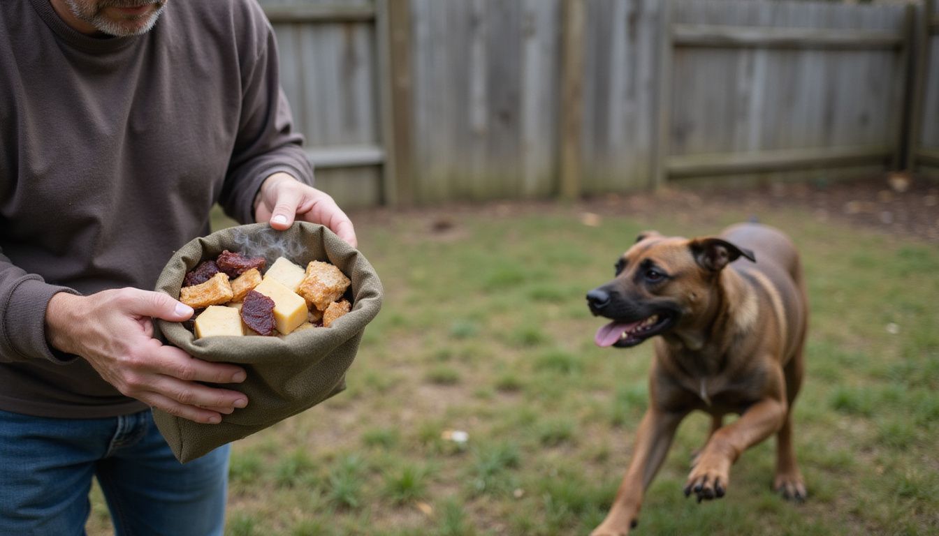 A focused man holds a pouch of dog treats while a leaping dog anticipates a reward in a backyard.