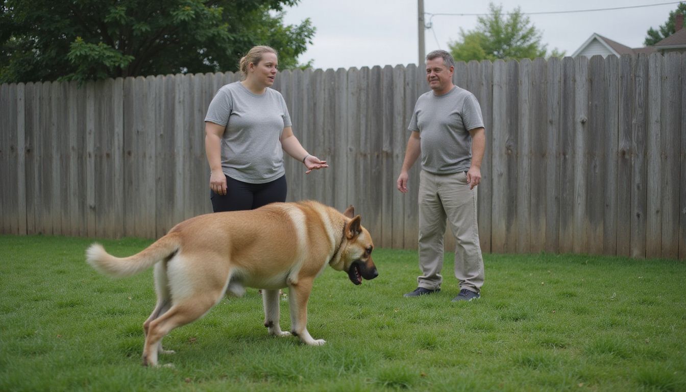 A tense mixed-breed dog stands in a backyard while a woman reaches out with a strained expression.
