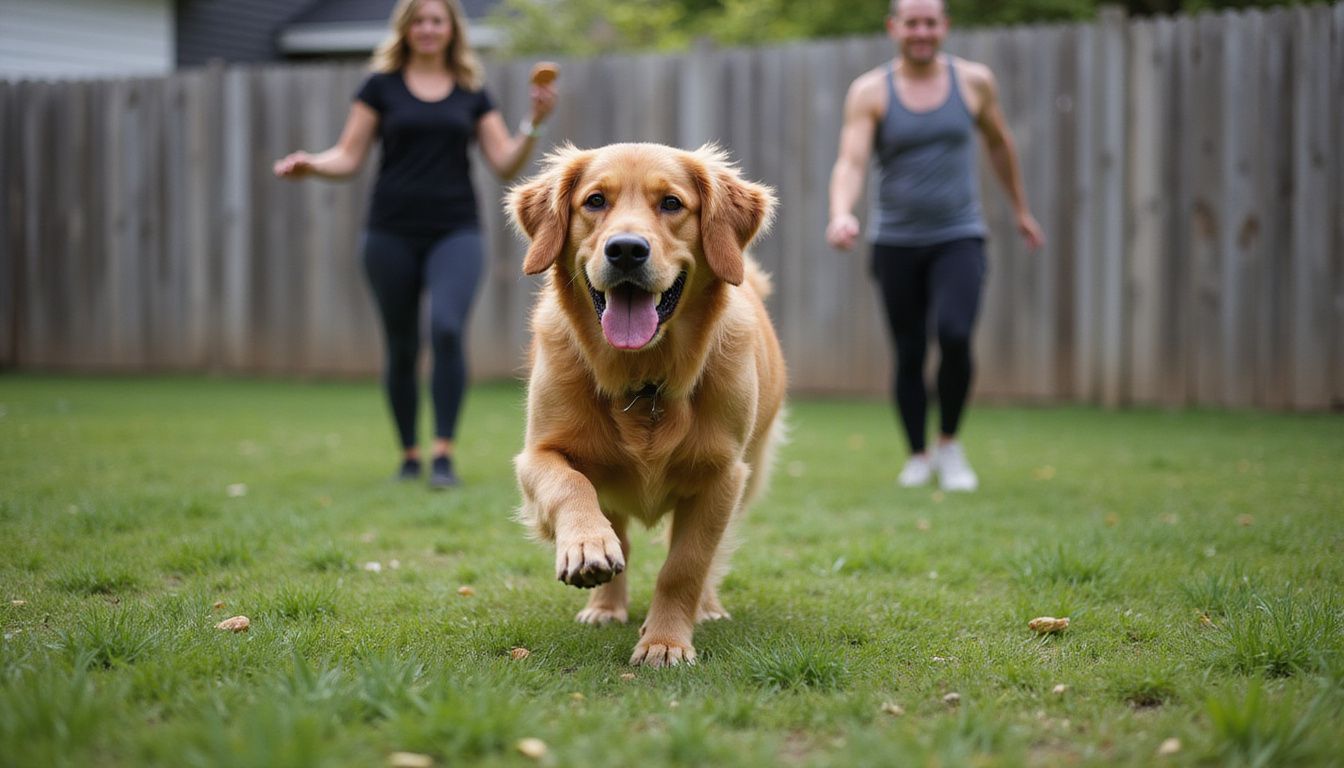 A golden retriever joyfully sprints through a backyard while a woman encourages it with treats.