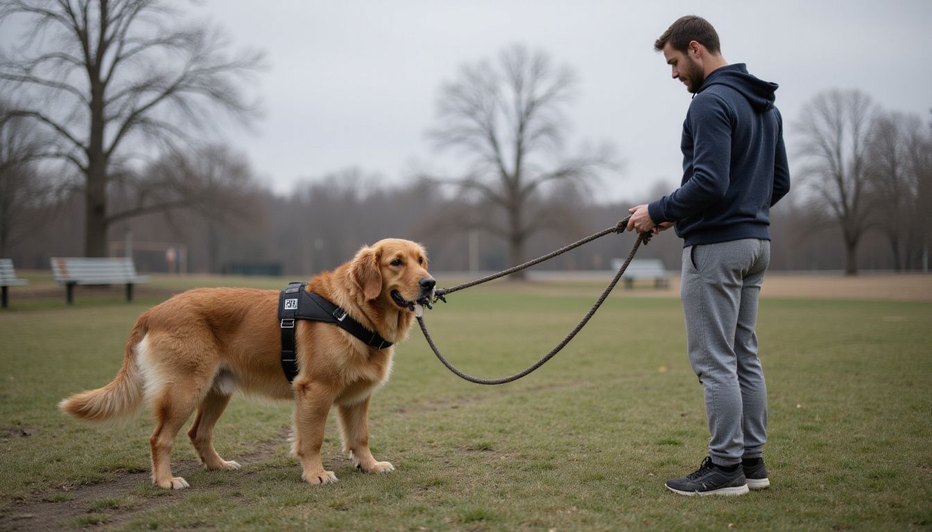 A Golden Retriever in a harness is being trained by an adult in a park on a grassy field.