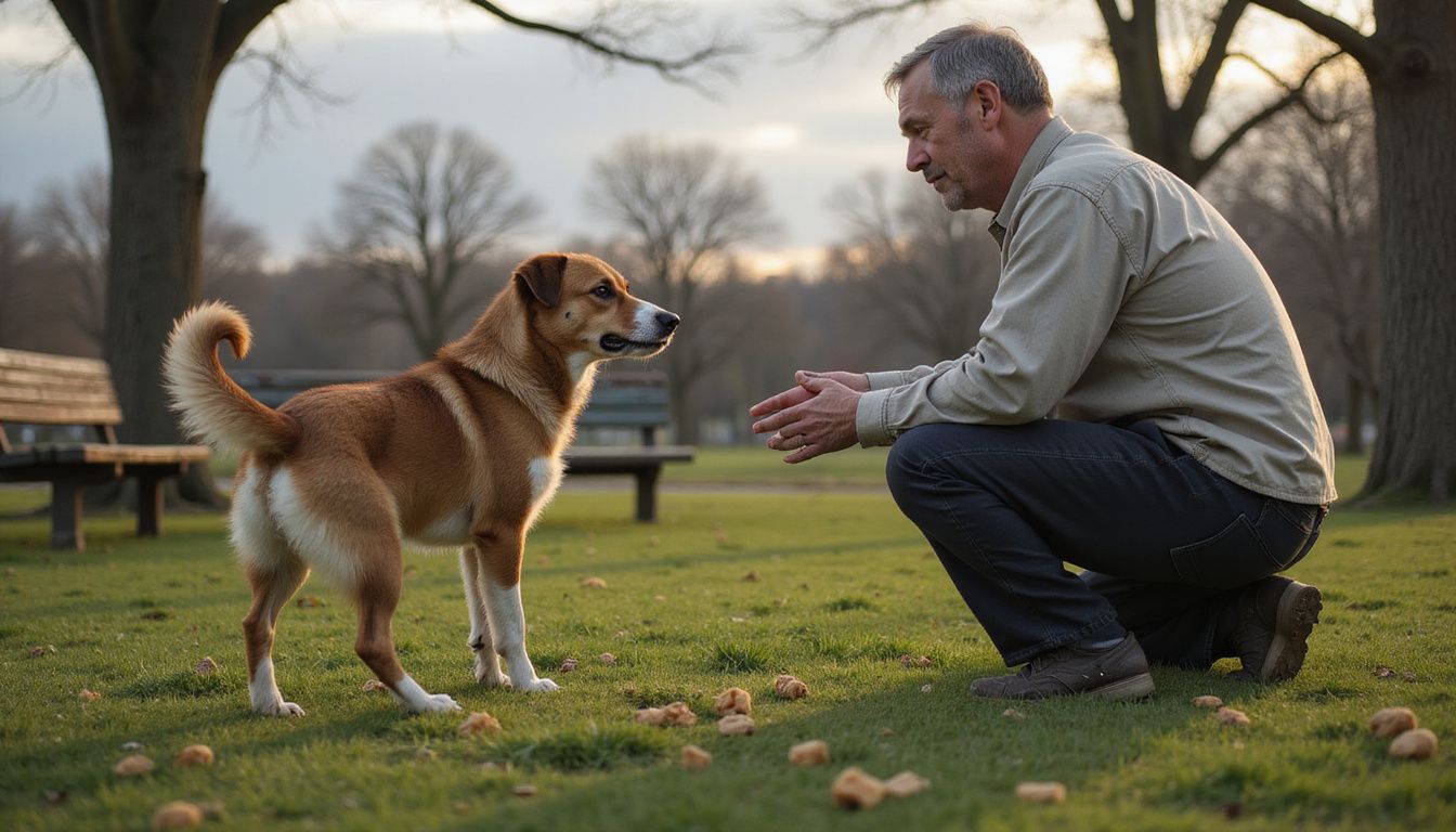 A mixed-breed dog anxiously observes a patient man offering training treats in a public park.