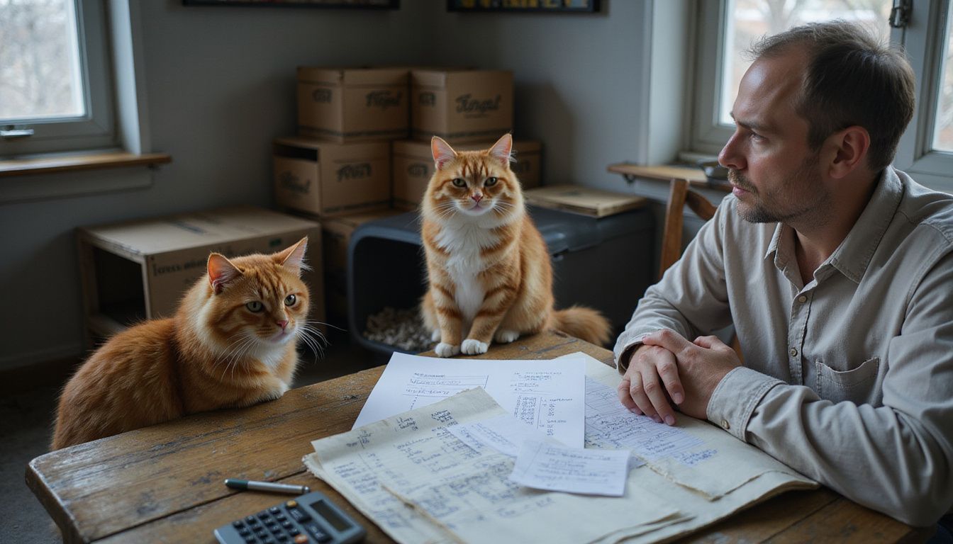 A person in a modest home office reviews veterinary invoices with a curious orange tabby cat nearby.