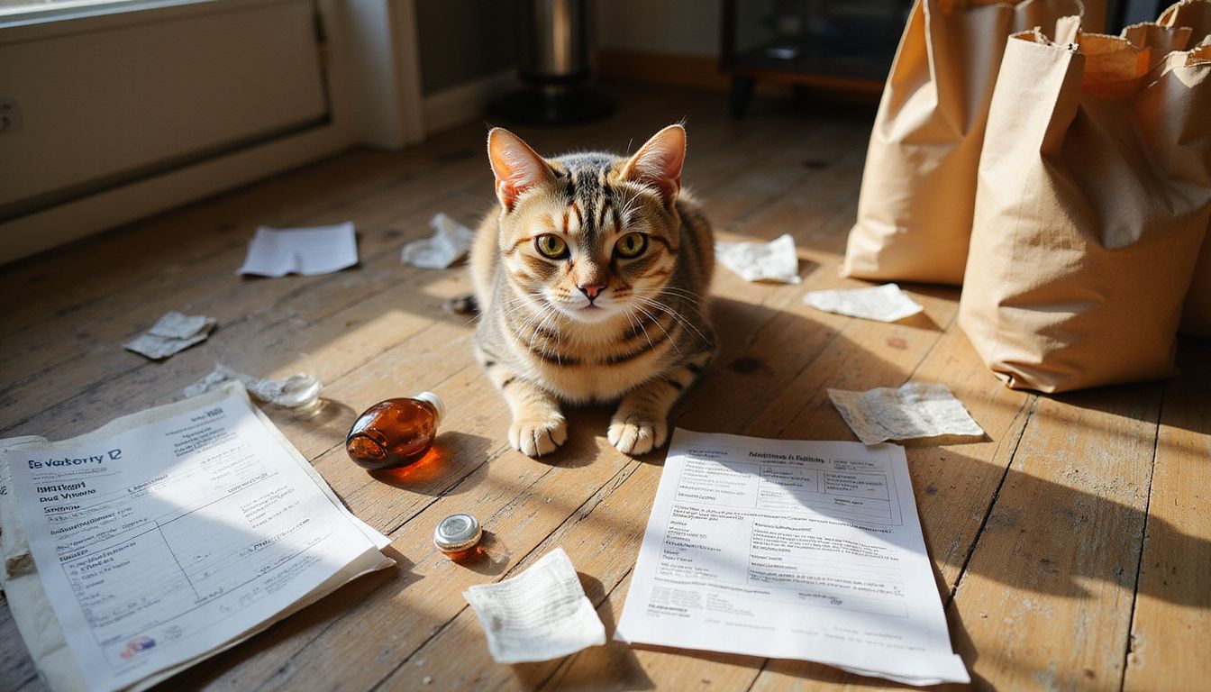 A young tabby cat sits on a weathered floor amidst scattered veterinary invoices, pet supplies, and toys.
