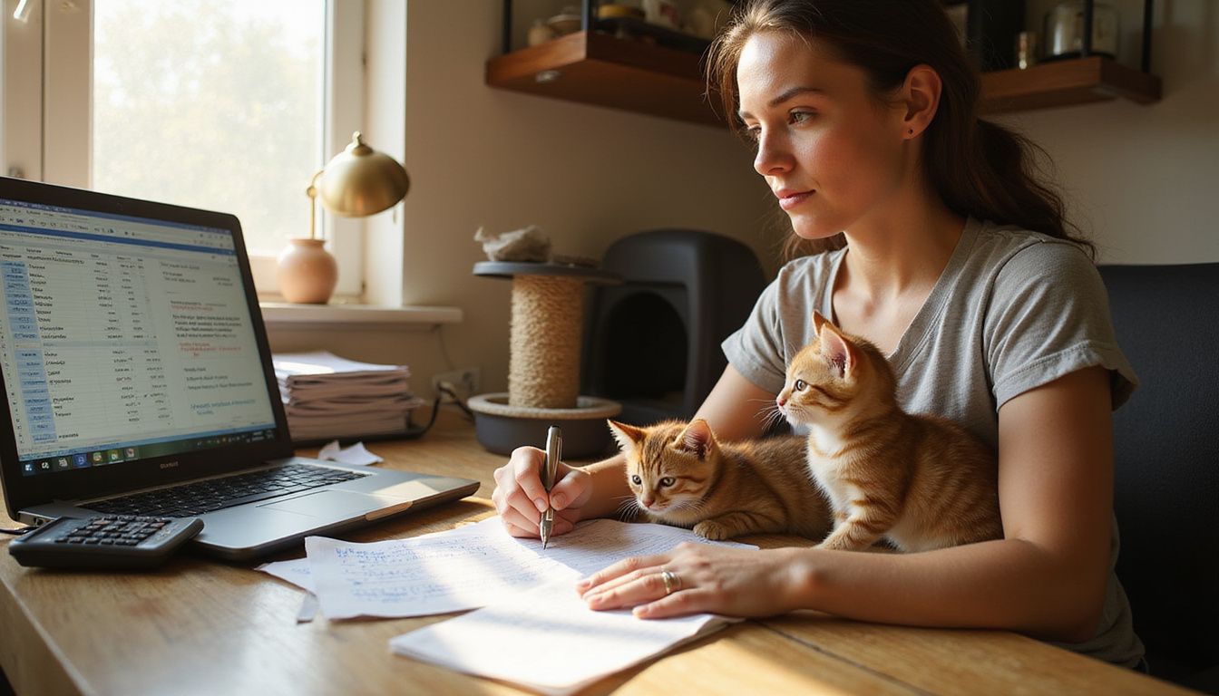 A young woman focuses on financial work at her desk while a playful kitten bats at a pen nearby.