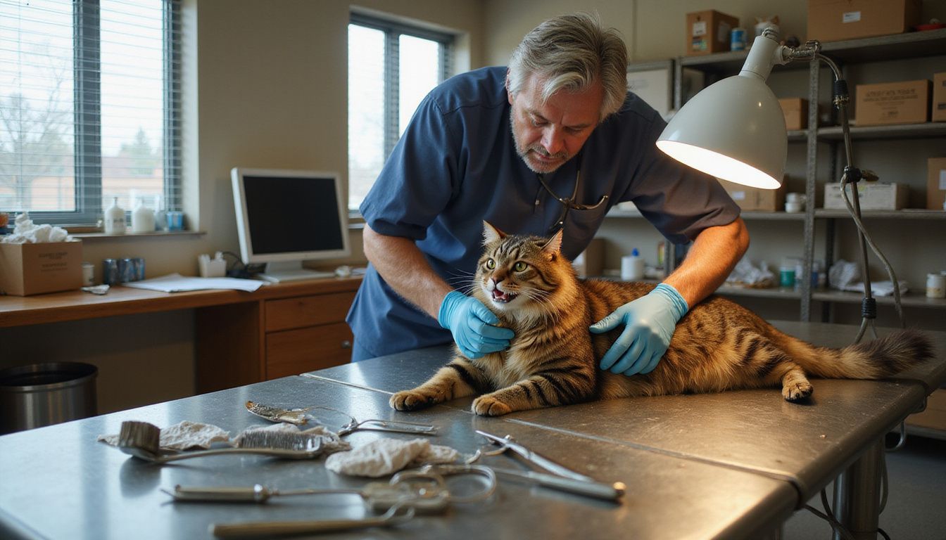 A focused veterinarian examines a fluffy tabby cat on a stainless steel table amidst a cluttered clinical environment.