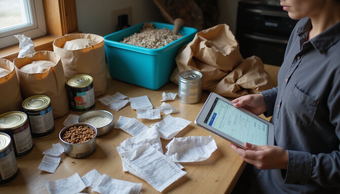 A cluttered kitchen counter displays pet food, litter boxes, and scattered receipts, reflecting everyday household management.
