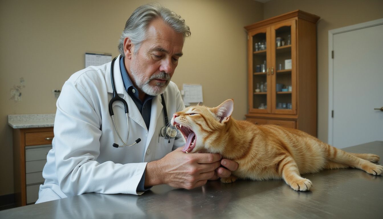 A veterinarian conducts a dental assessment on a senior orange tabby cat in a worn examination room.