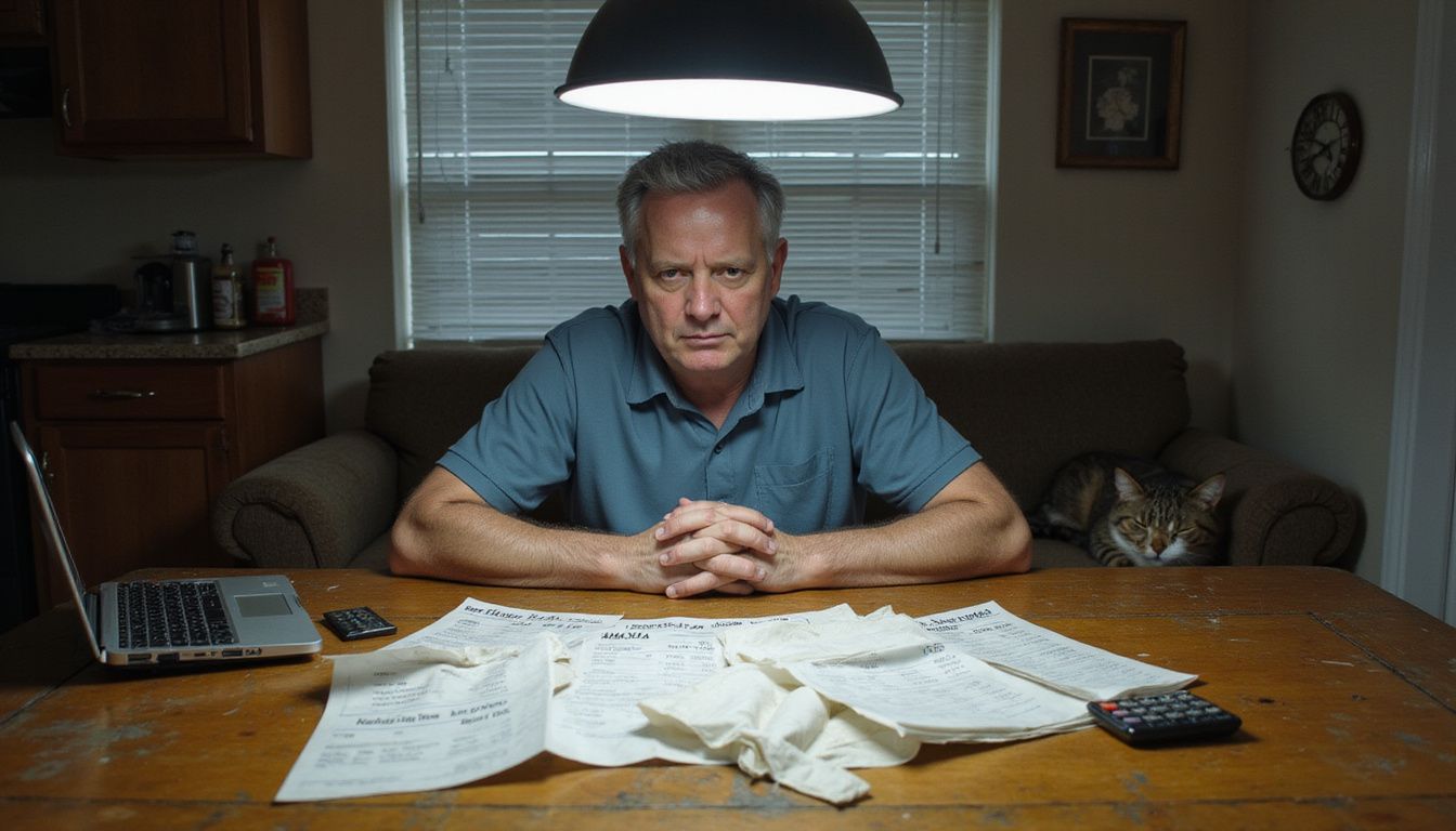 A distressed middle-aged person sits at a table covered in veterinary invoices, calculating pet care costs while their cat sleeps nearby.