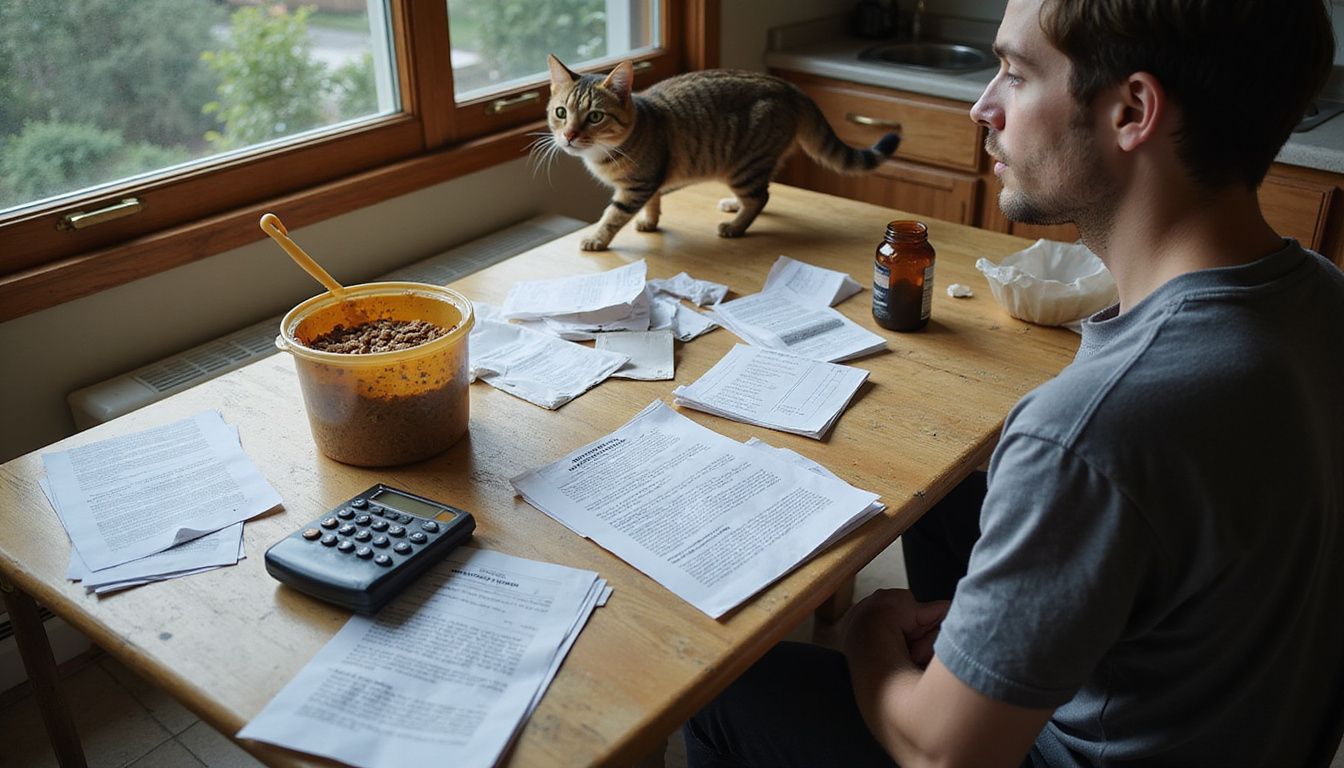 A person at a cluttered kitchen table manages pet care items and bills while a tabby cat walks nearby.