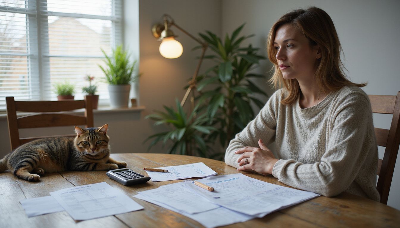 A woman concentrates on managing pet-related paperwork at a worn dining table, accompanied by a relaxed tabby cat.