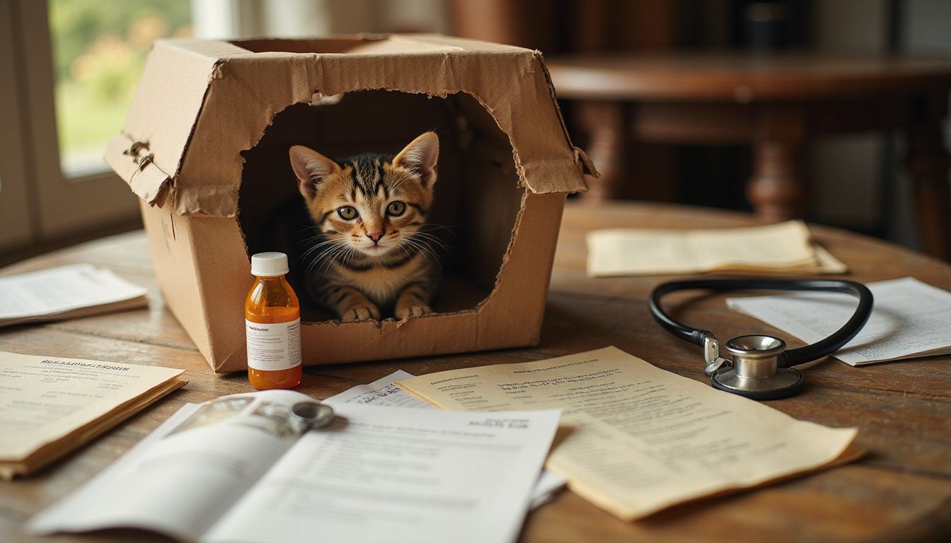 A young tabby kitten sits alert in a cardboard pet carrier surrounded by veterinary documents and medical supplies.