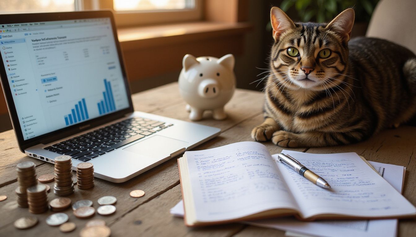 A tabby cat sits beside a MacBook Pro and organized coins while surrounded by financial documents and a notebook.