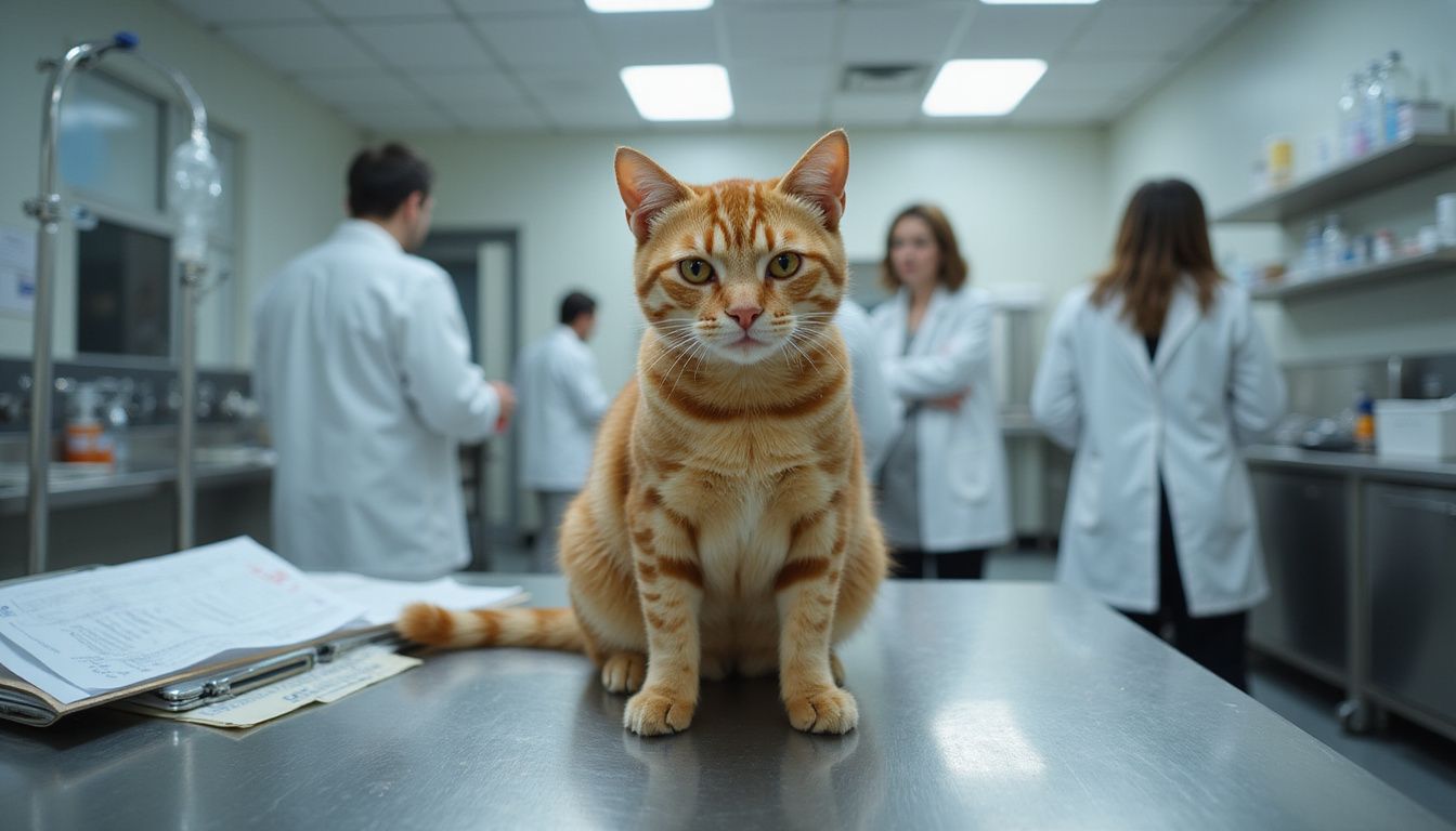 An anxious orange tabby sits on a stainless steel table in an emergency veterinary clinic, surrounded by medical equipment.