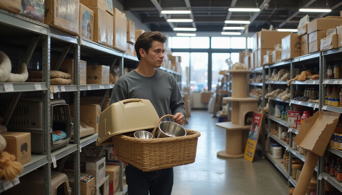 A young adult thoughtfully examines pet supplies in a disorganized store aisle while holding a shopping basket.