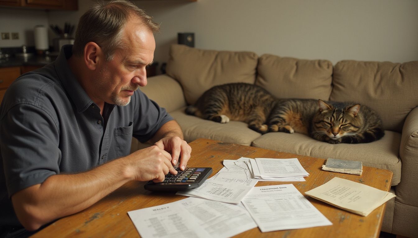 A stressed middle-aged man reviews rental lease documents at a table while a sleeping tabby cat rests in the background.