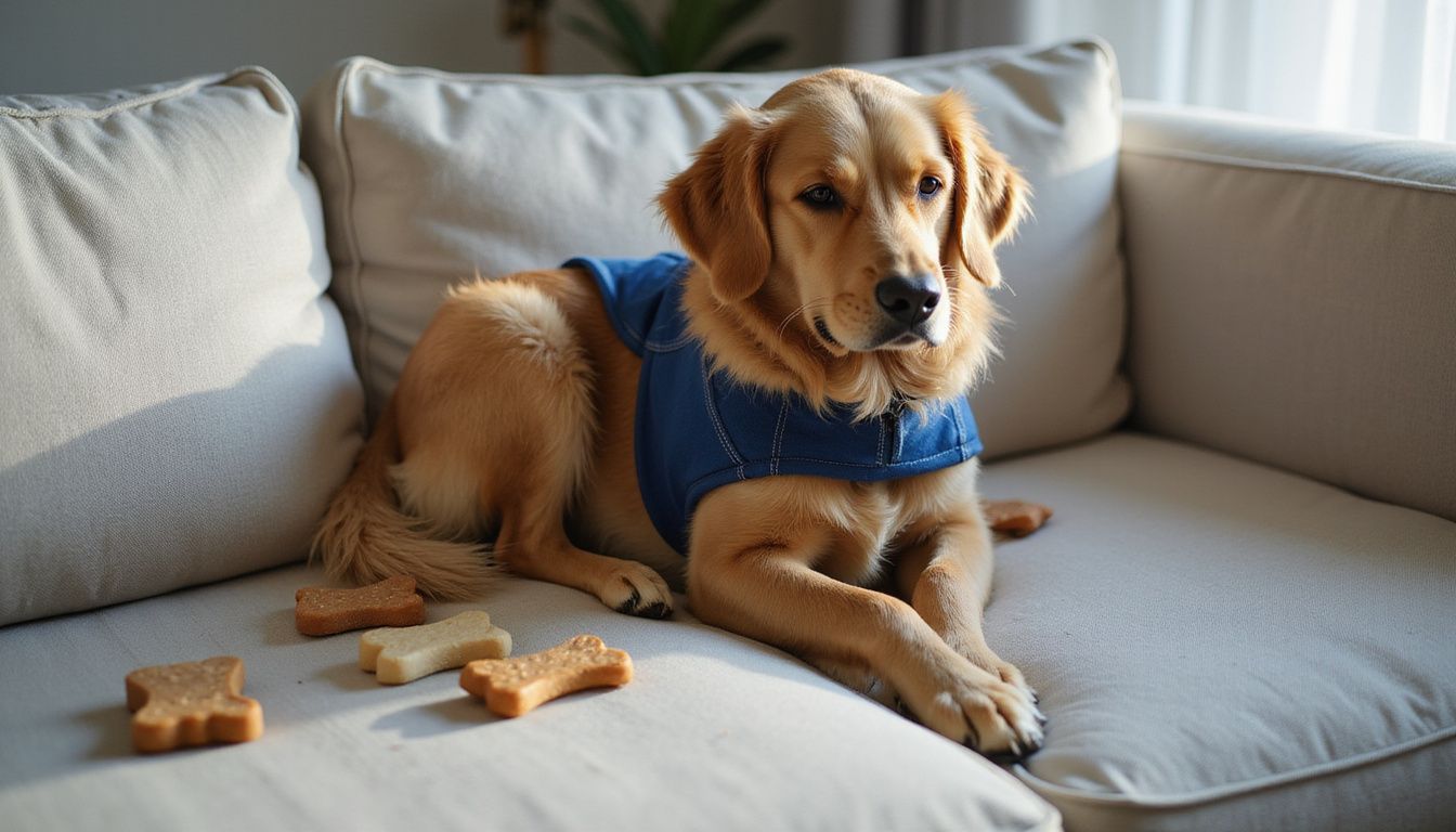 A golden retriever relaxes on a couch with chew treats nearby.