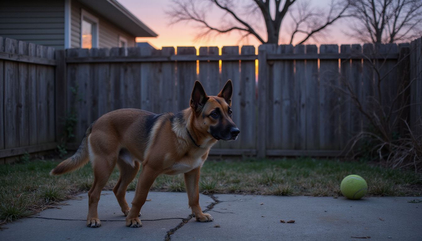 A vigilant mixed-breed dog stands alert in a neglected backyard.