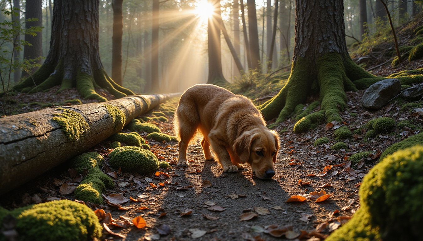 A golden retriever explores a misty woodland trail covered in leaves.