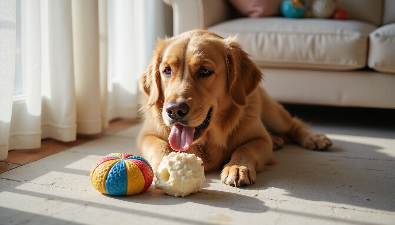 A golden retriever focuses intently on a textured rubber puzzle toy.