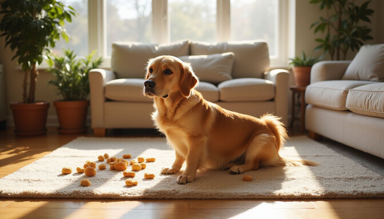A golden retriever relaxes on a hardwood floor surrounded by toys.