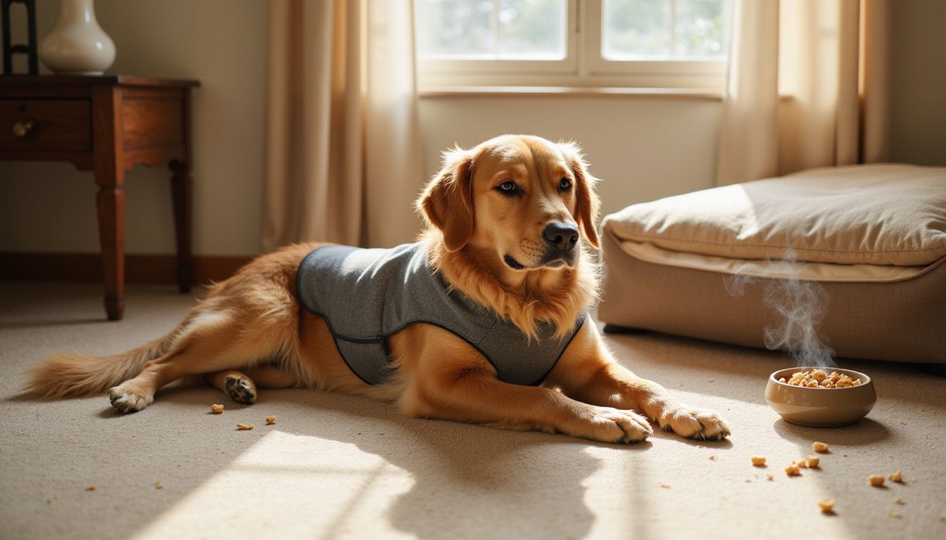 A relaxed golden retriever rests on a cozy carpet with calming treats nearby.