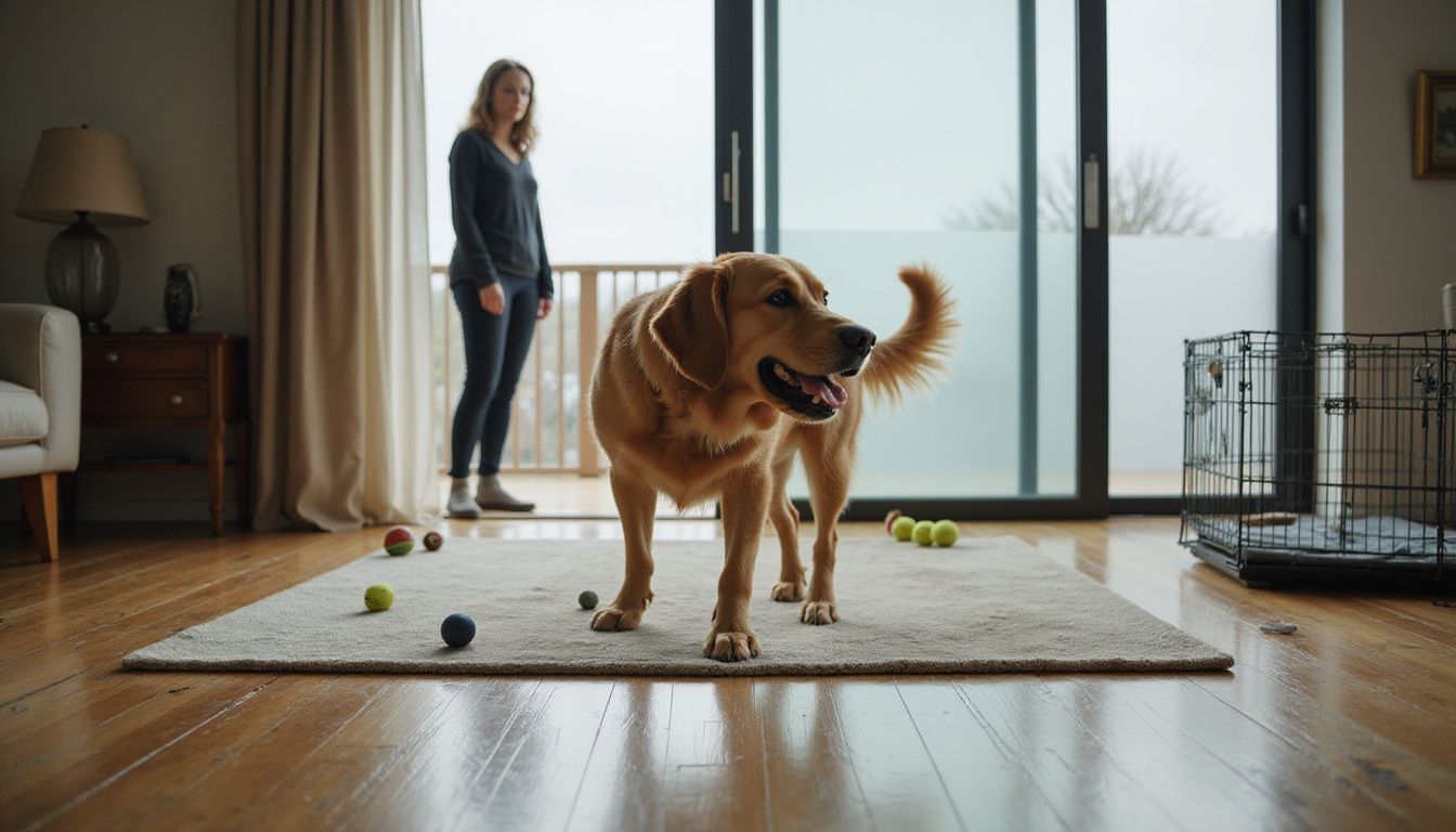 A distressed golden retriever vocalizes while a woman stands nearby.