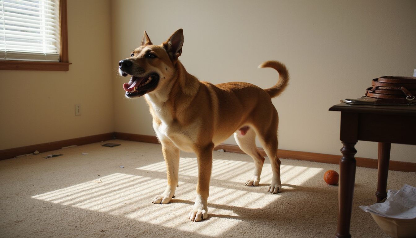 A mixed-breed dog barks on worn carpet in a cozy living room.
