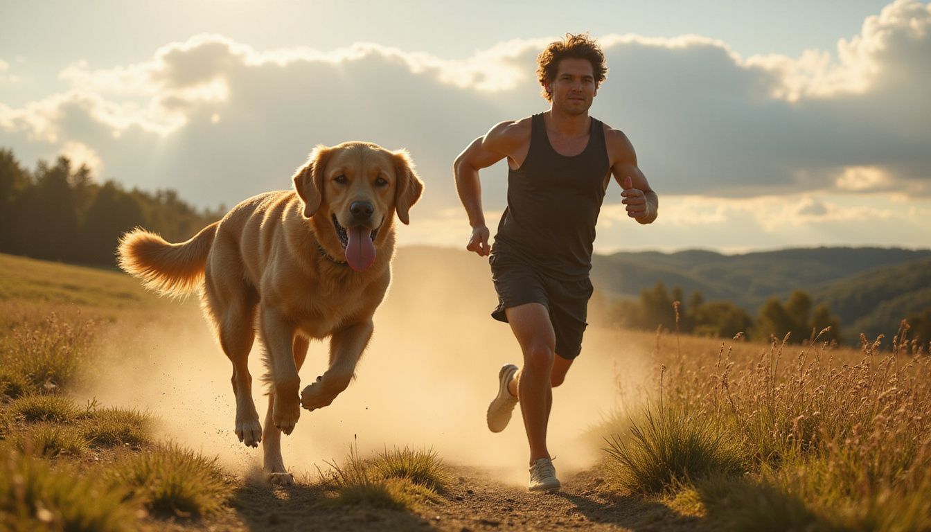 A young man sprints energetically with a golden retriever in a meadow.