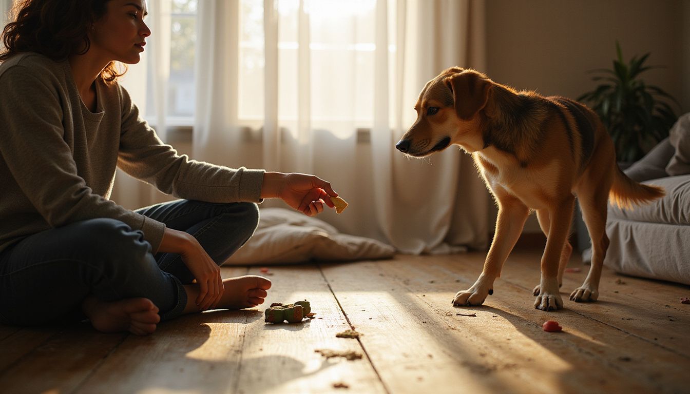 A young adult offers a training treat to a cautious dog in a cozy, lived-in living room.