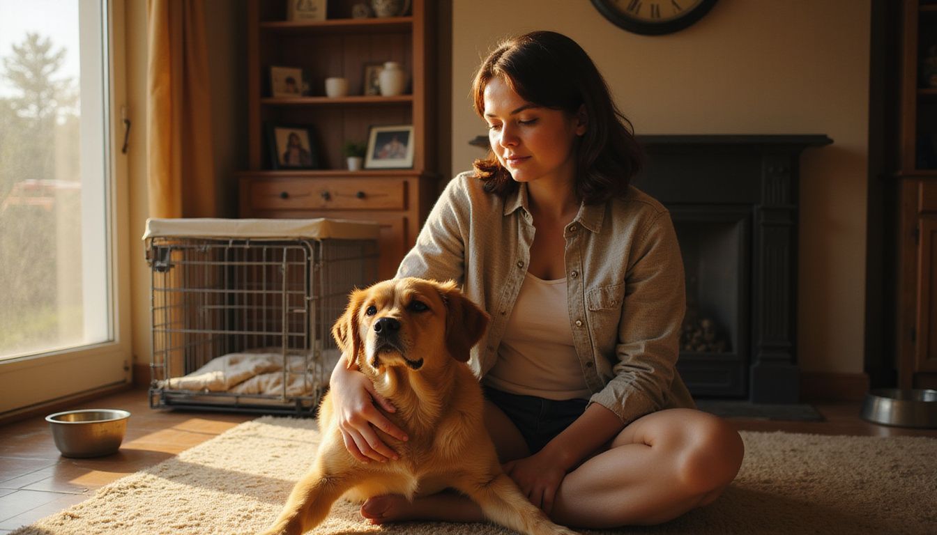A young adult sits cross-legged on the carpet with a relaxed dog, sharing a peaceful, intimate moment together.