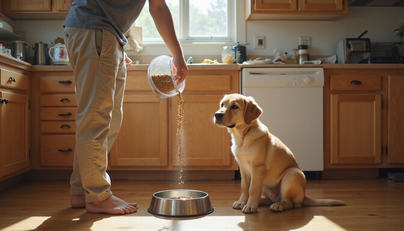 A man pours kibble into a bowl as an eagerly waiting golden retriever puppy watches attentively in a cozy kitchen.