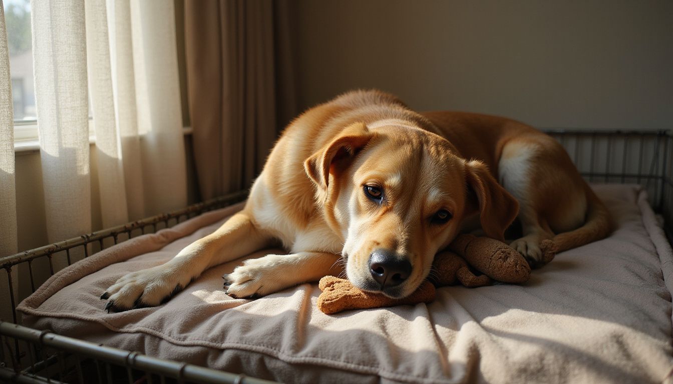 A relaxed medium-sized dog peacefully sleeps in a cozy crate surrounded by familiar comforts in a softly decorated bedroom.
