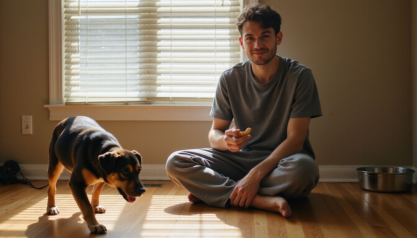 A relaxed person offers a treat to a hesitant mixed-breed rescue dog in a modest apartment setting.