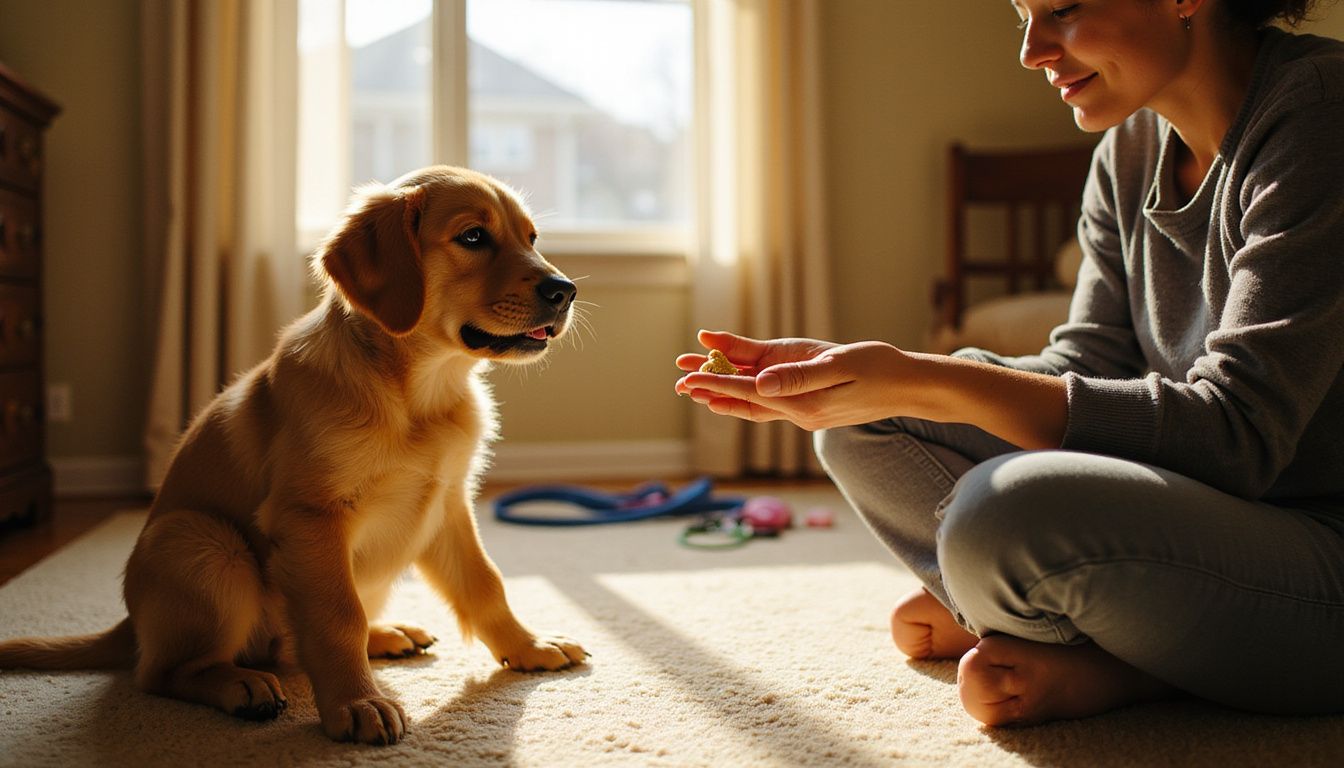 A relaxed person offers a training treat to a focused golden retriever puppy during a positive reinforcement session.