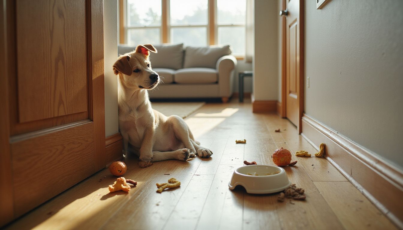 A young dog exhibits acute anxiety, hunched in a corner surrounded by toys and a food bowl.