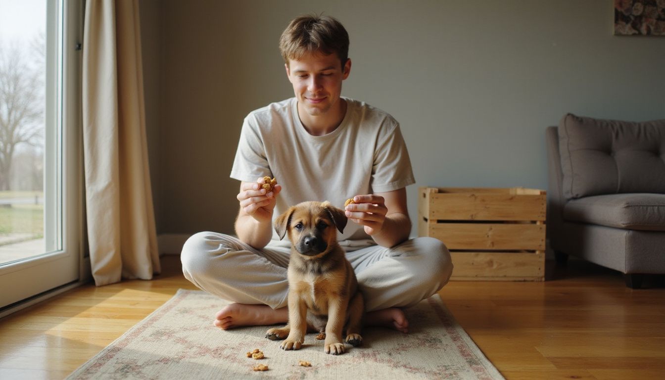 A young adult sits on the floor, engaged in training a curious puppy with treats in hand.
