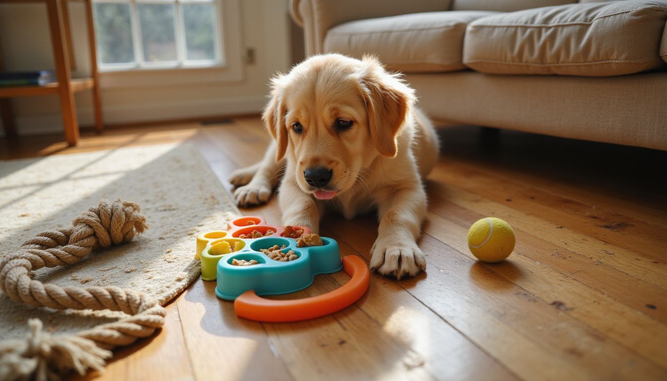 A golden retriever puppy intently explores a colorful rubber puzzle toy on a hardwood floor beside a couch.