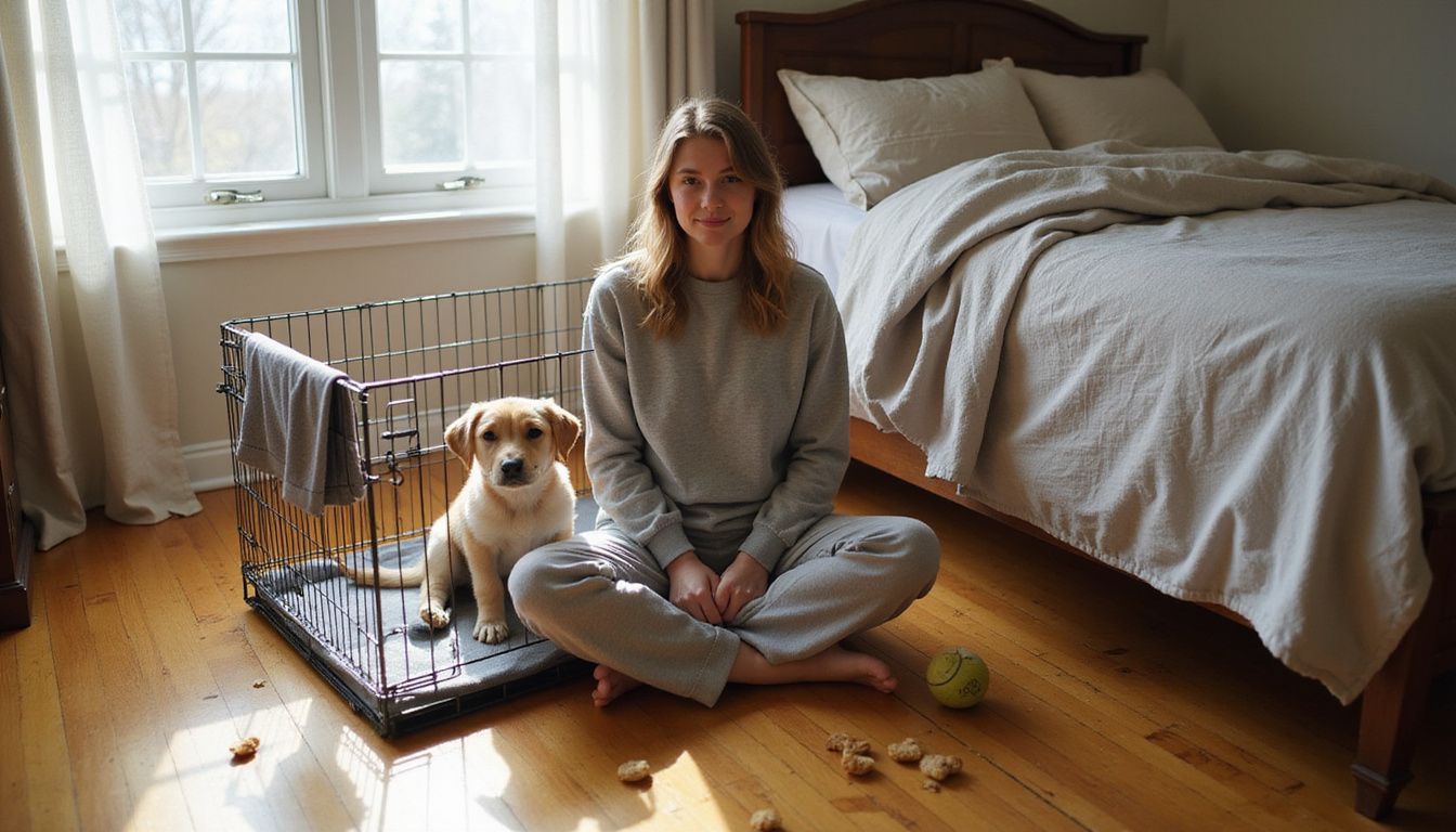 A relaxed person sits on a hardwood floor with a playful golden retriever puppy in a wire crate nearby.