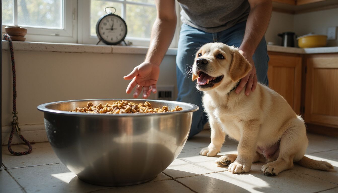 A man holds a mixing bowl of kibble while a golden retriever puppy eagerly anticipates its meal.