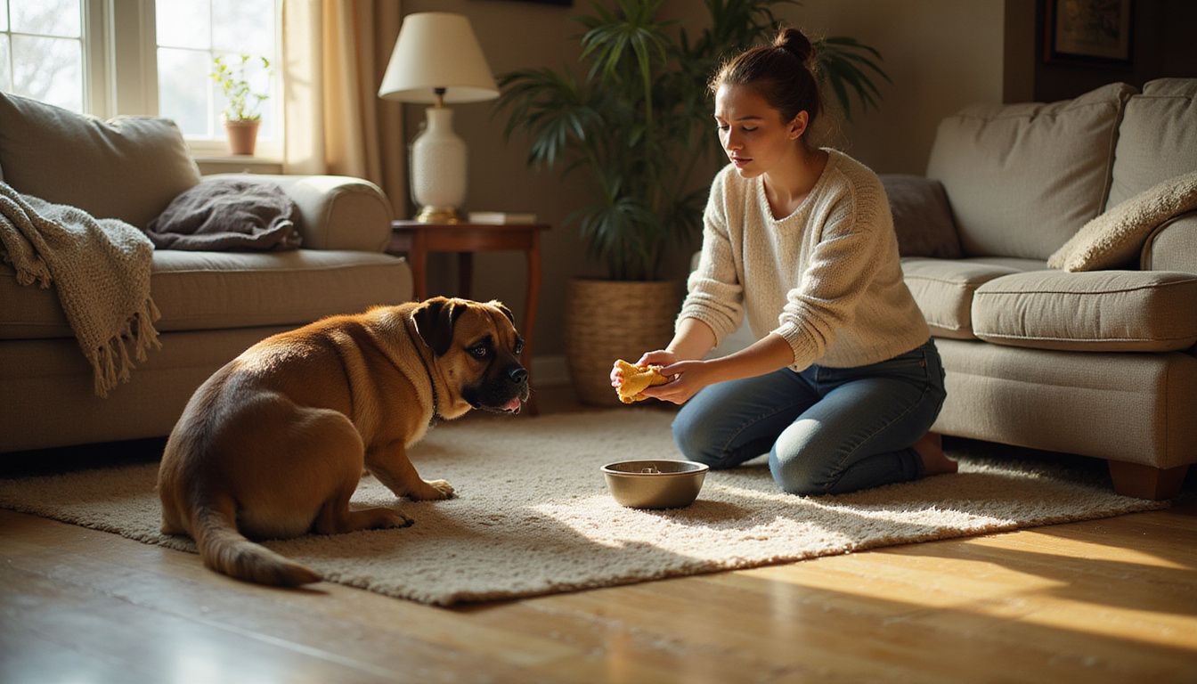 A fearful mixed-breed dog crouches defensively while a caring woman offers it a plush toy and treat.