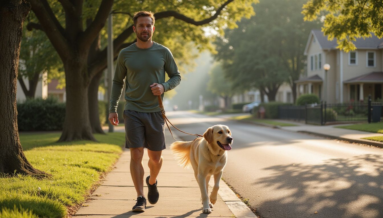 A man jogs with a golden retriever, enjoying a lively morning stroll on a tree-lined residential street.