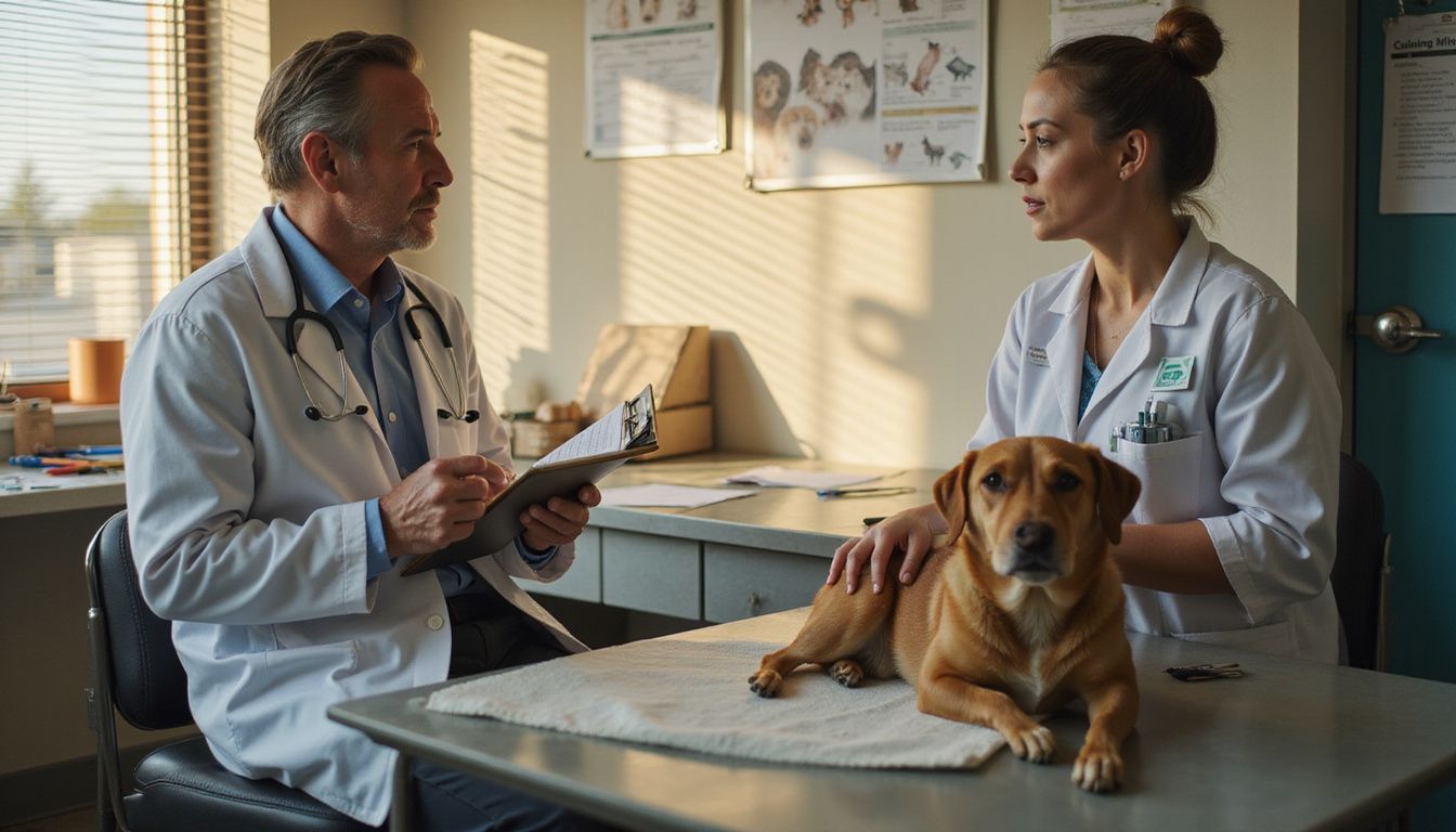 A veterinarian consults a worried dog owner about their anxious pet.