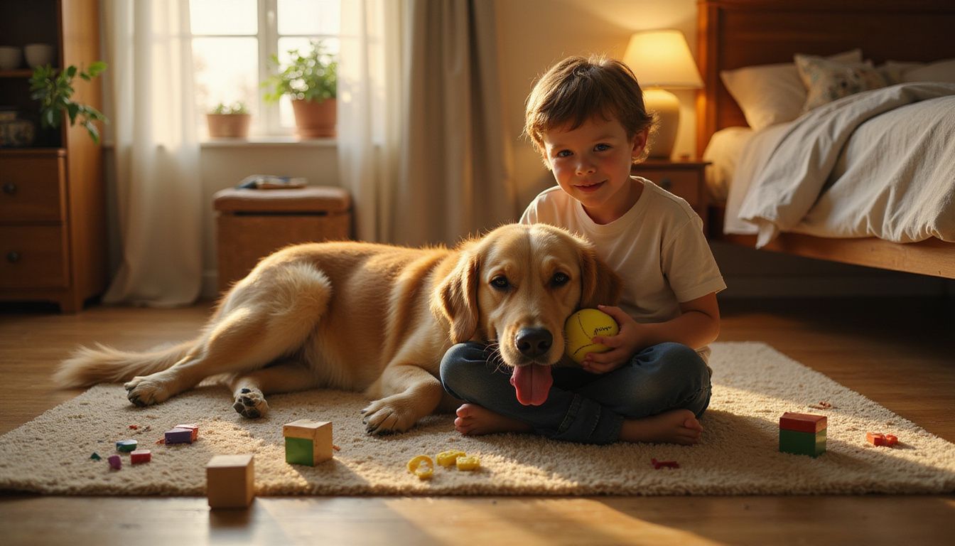 A boy relaxes beside a resting golden retriever on a rug.