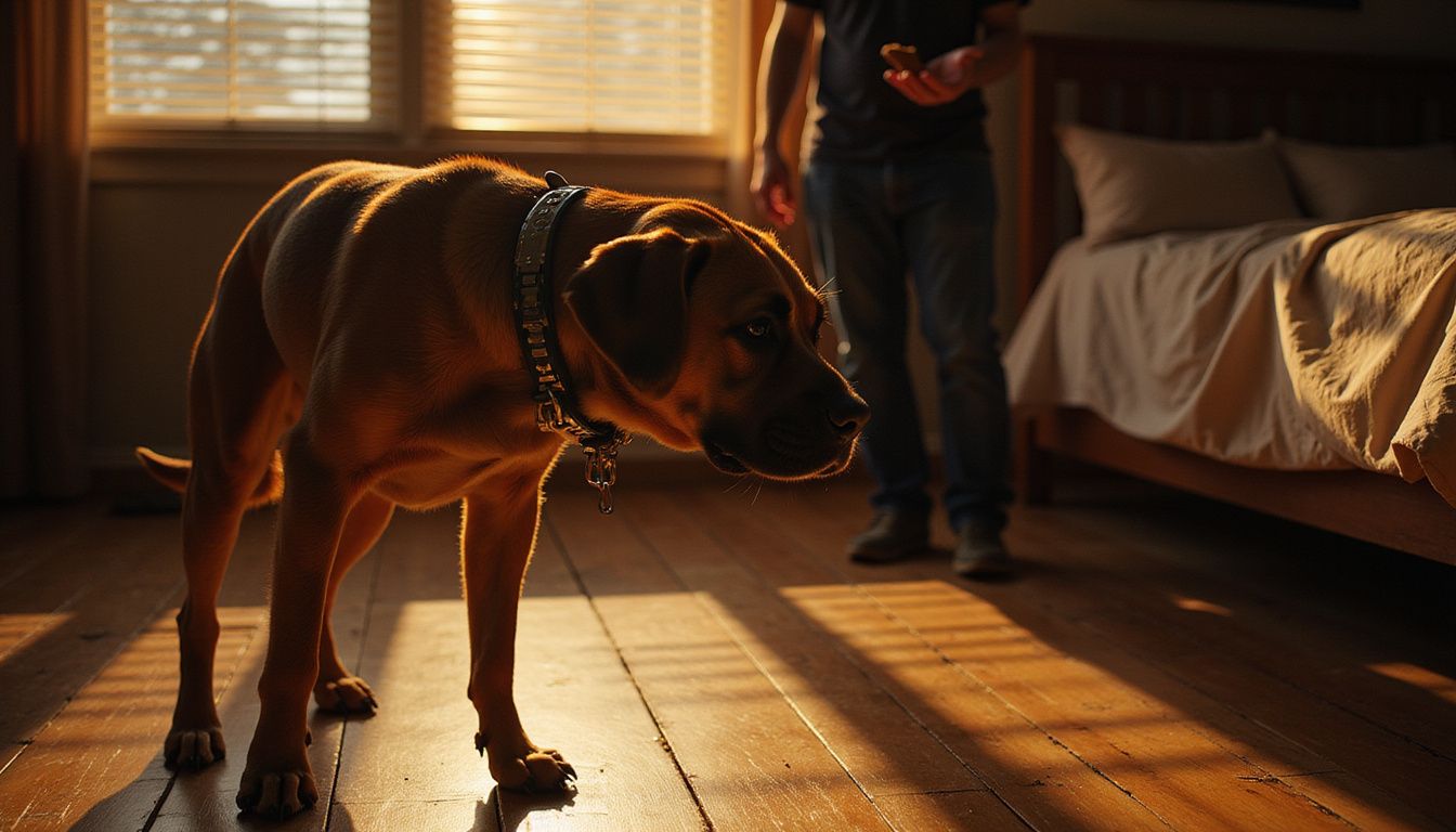 A tense dog stands near a hesitant man offering a treat.