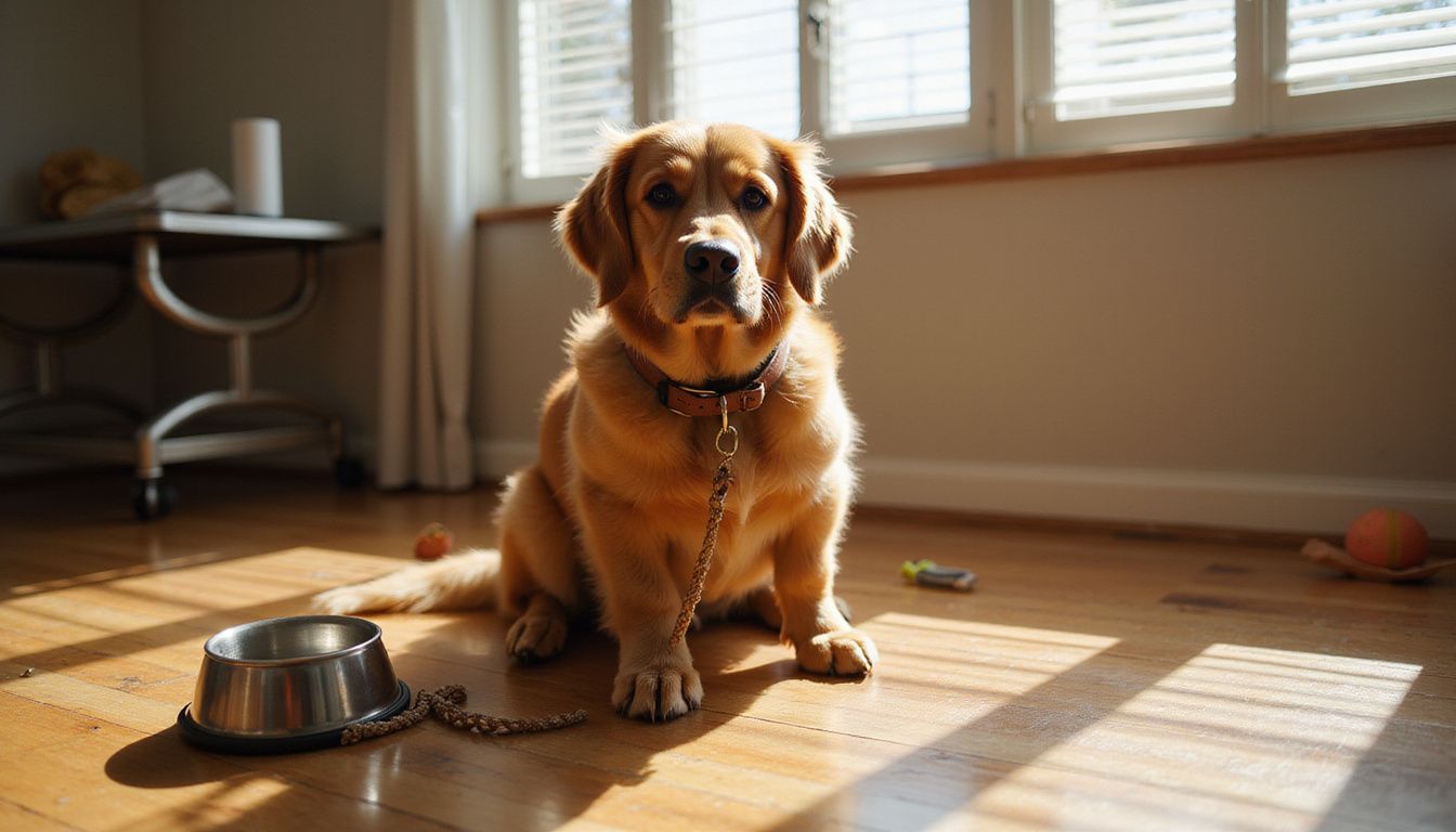 A tense golden retriever anxiously waits in a sunlit living room.