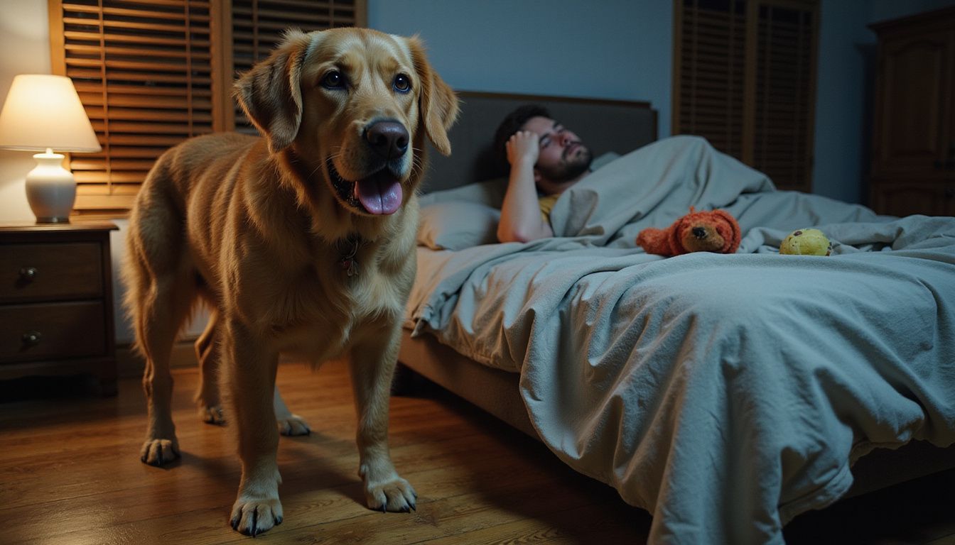 A tense golden retriever barks in a dimly lit bedroom.