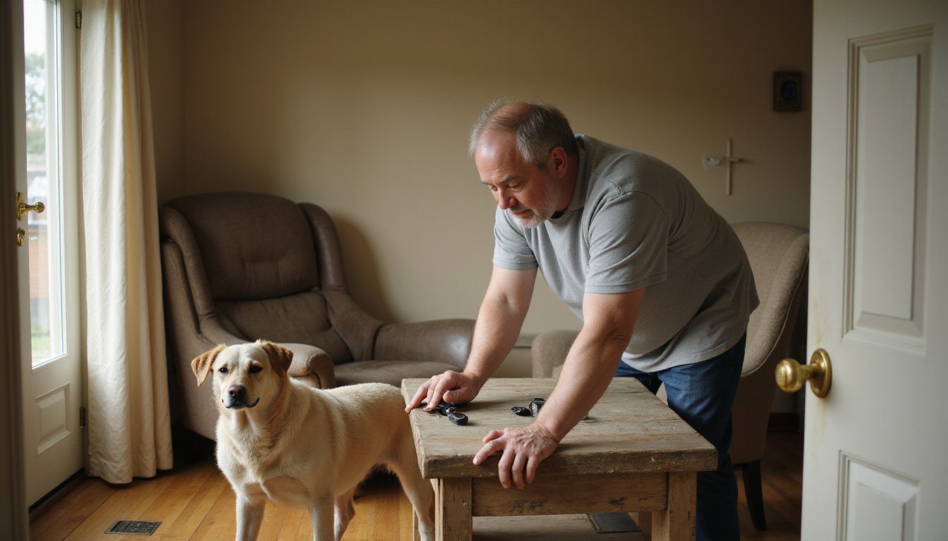 A person calmly places keys on a weathered side table.