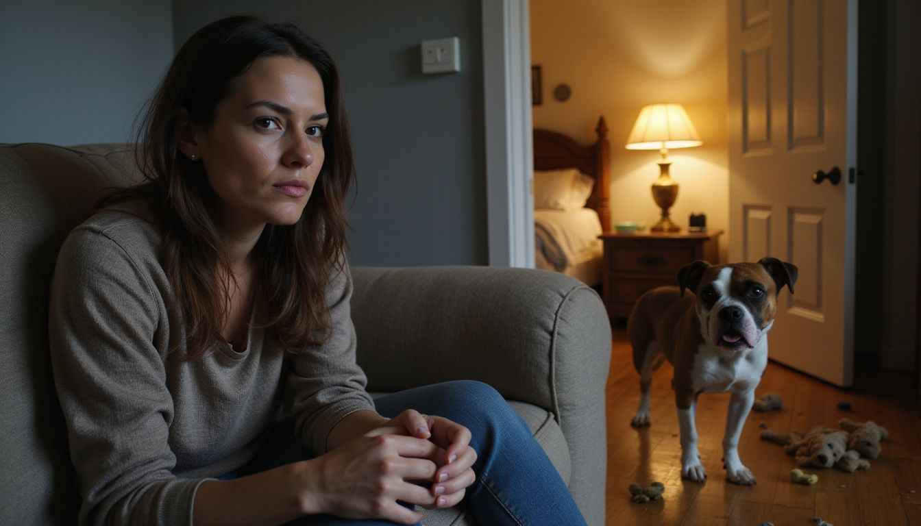 A woman sits on a couch while her dog barks nearby.