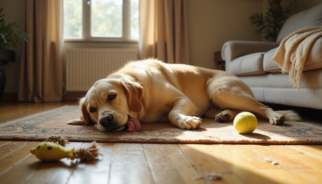 A tired golden retriever sprawls on a rug surrounded by toys.