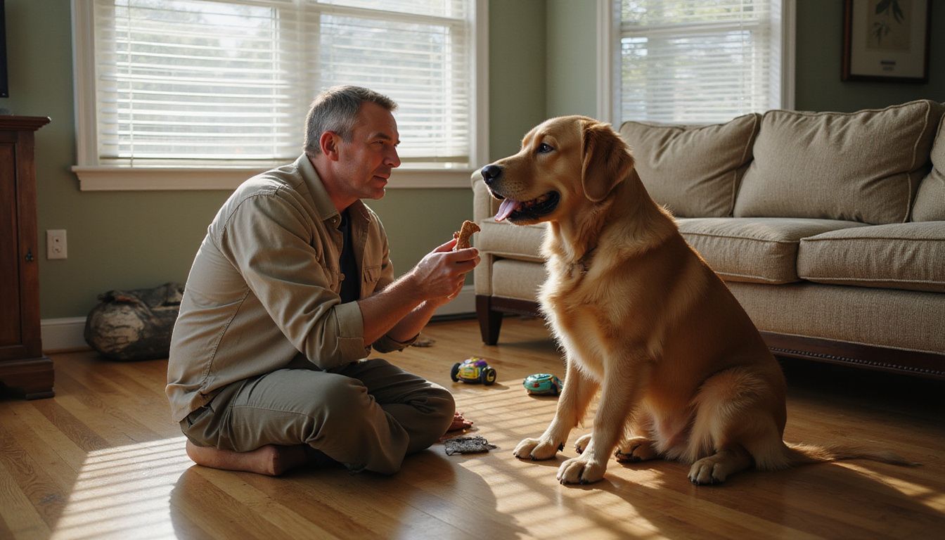 A man trains his attentive golden retriever in a cozy living room.